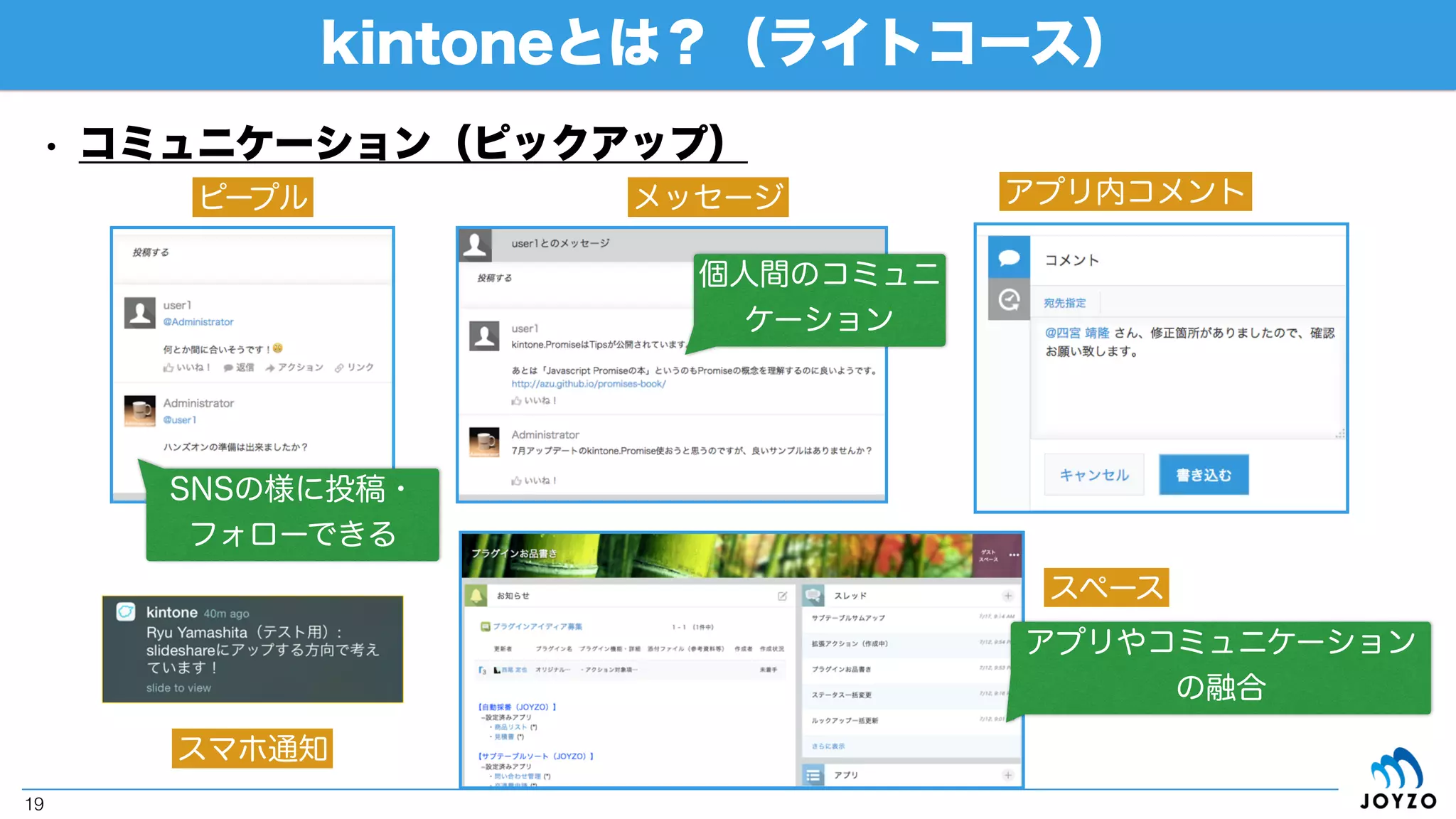 • コミュニケーション
• コメント（レコード単位、スペース単位のディスカッション）
• スペース・スレッド（データとディスカッションの融合、情報の集約・蓄積）
• ゲストスペース（社外・顧客等へのコミュニケーション範囲の拡大）
• ピープル（SNSライクなコミュニケーション）
• 通知・メンション（相手を指定したコミュニケーション）
kintoneとは？（ライトコース）
19
 