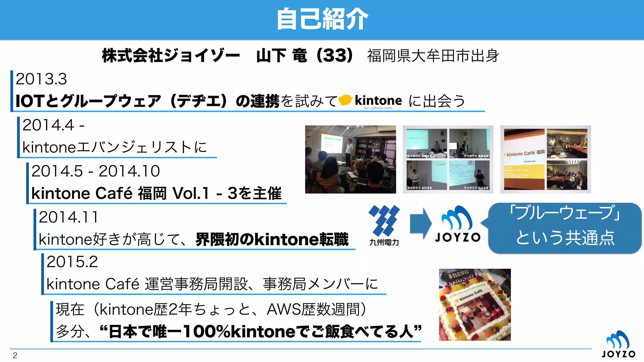 • kintoneとは？
• kintone3大要素とREST API
• kintoneとAWS
• kintone REST API
• 概要
• リクエスト例
• Node.jsによるリクエスト例
• サンプルダウンロード
Today s Café Mune
2
• AWS S3とLambda
• S3・バケット設定
• Lambda・イベント設定
• Lambda関数の記述
• ハンズオン
• シナリオ
• サンプル（1つのアプリの更新）
• ガチハンズオン（複数アプリの更新）
※スライド内リンクはPDFダウンロード時に有効になります
 