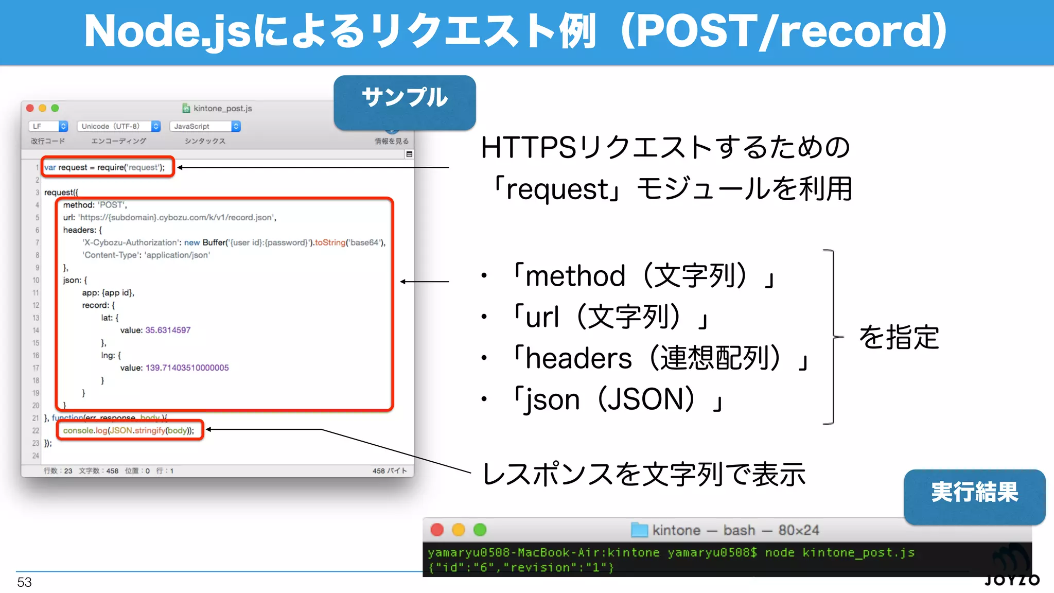 Node.jsによるリクエスト例（GET/records）
53
HTTPSリクエストするための
「request」モジュールを利用
・「method（文字列）」
・「url（文字列）」
・「headers（連想配列）」
・「json（JSON）」
レスポンスを文字列で表示
を指定
実行結果※GET/record(s)はクエリもしくはボディに
リクエストパラメータを指定することができ、
クエリに指定した際にはContent-Typeが不要
サンプル
 