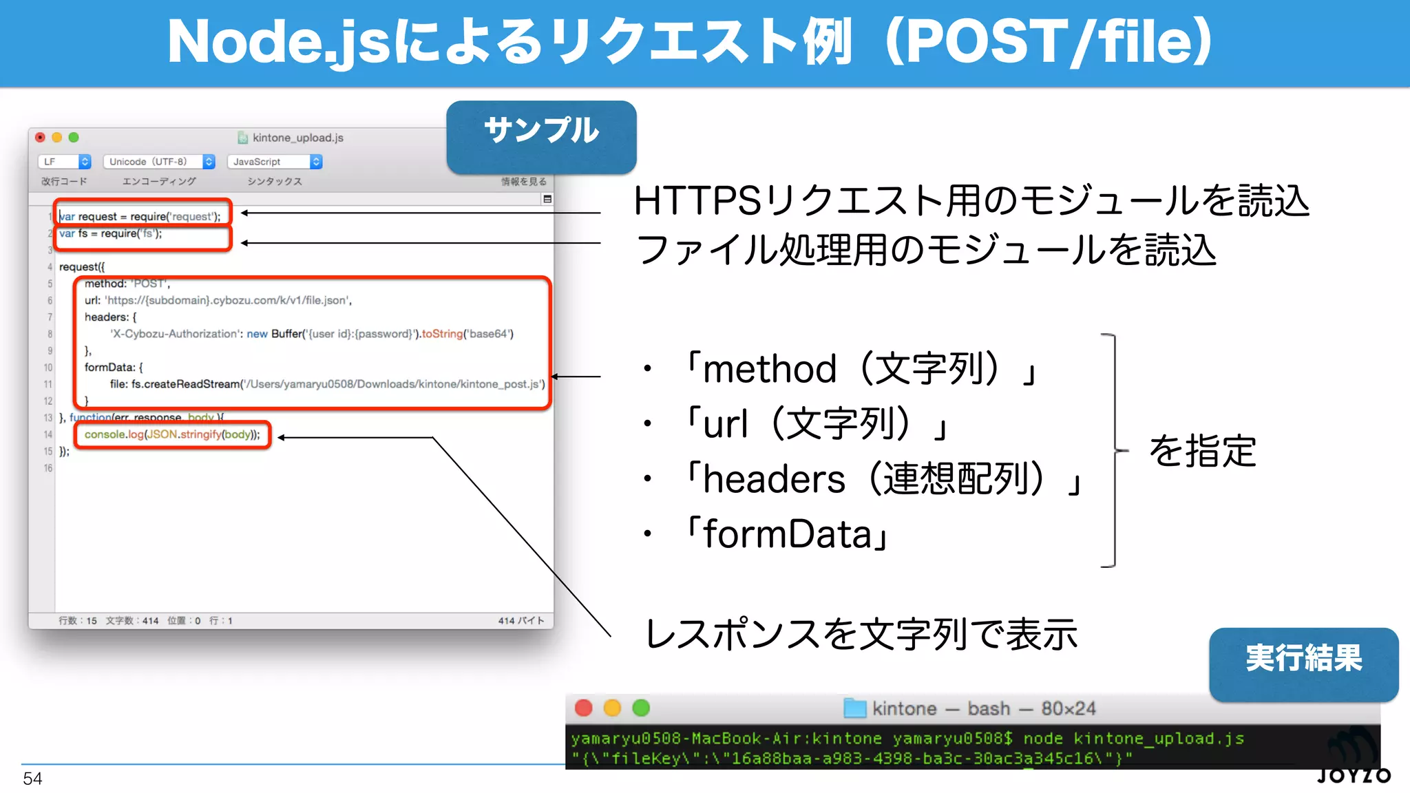 Node.jsによるリクエスト例（POST/record）
54
HTTPSリクエストするための
「request」モジュールを利用
・「method（文字列）」
・「url（文字列）」
・「headers（連想配列）」
・「json（JSON）」
レスポンスを文字列で表示
を指定
実行結果
サンプル
 