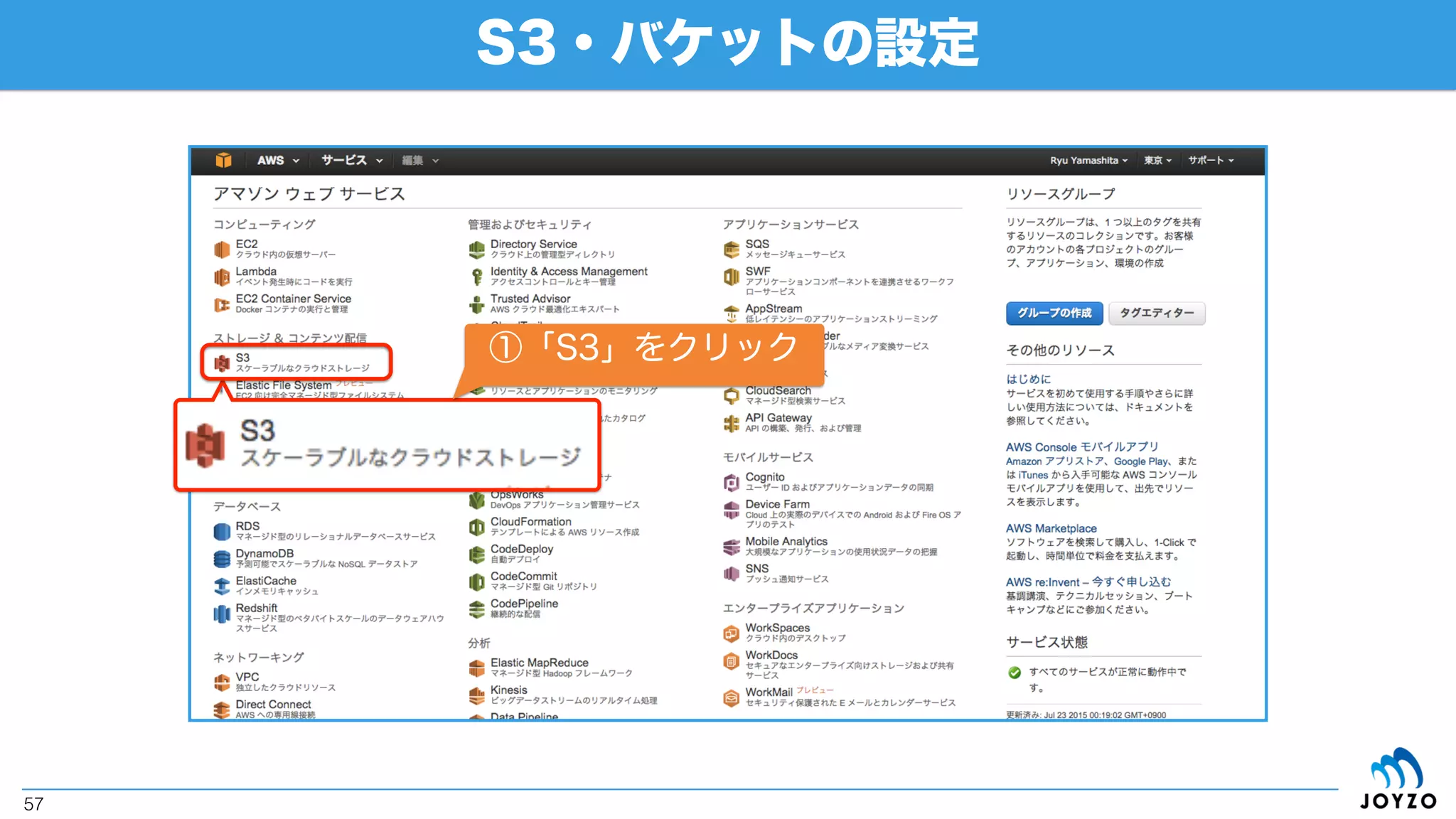 まずはS3・バケットを設定
 