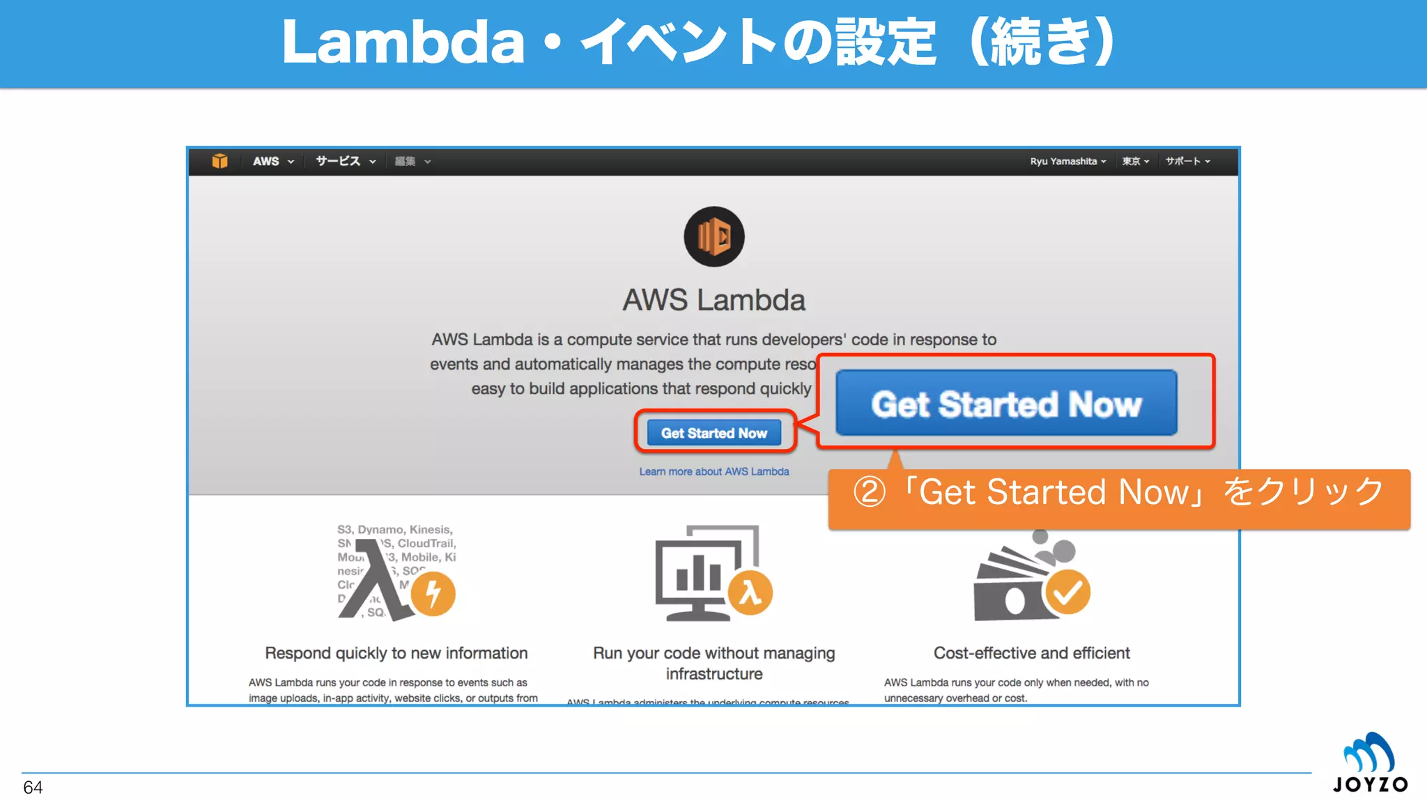 Lambda・イベントの設定
64
①「Lambda」をクリック
 