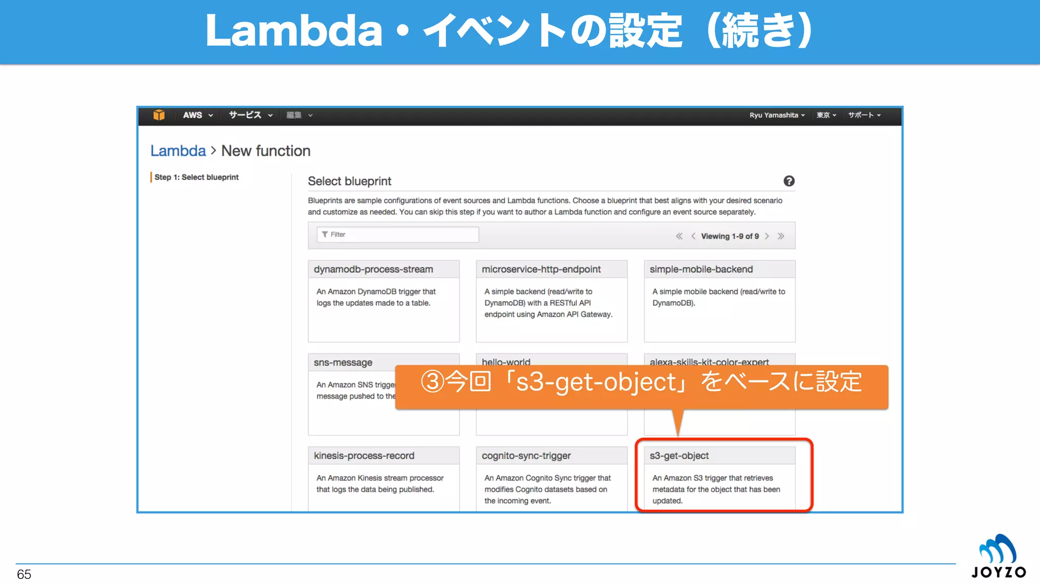 Lambda・イベントの設定（続き）
65
②「Get Started Now」をクリック
 