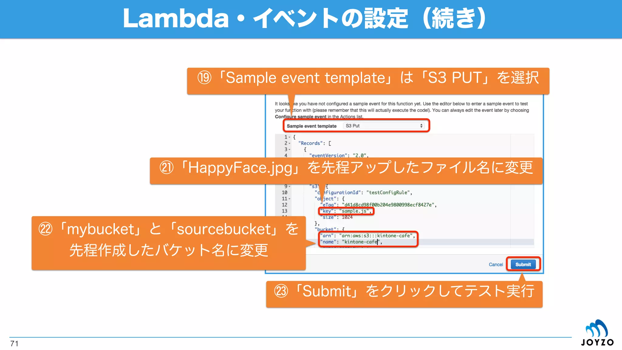 Lambda・イベントの設定（続き）
71
⑰イベントソースが作成される
⑱「Test」をクリック
 