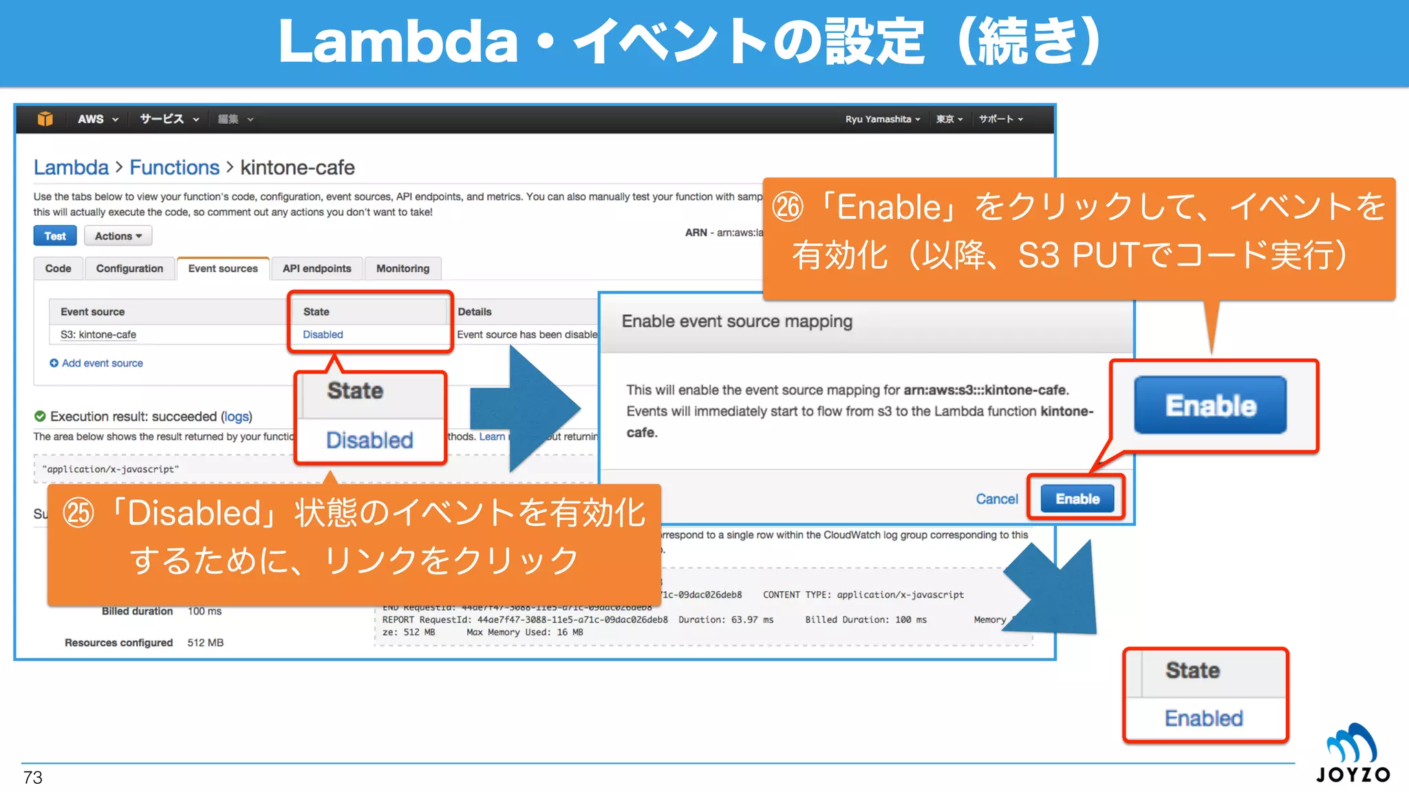 Lambda・イベントの設定（続き）
73
テスト実行が成功すると「Execution result」が「succeeded」
になり、アップしたファイルのContent-Typeが出力される
 