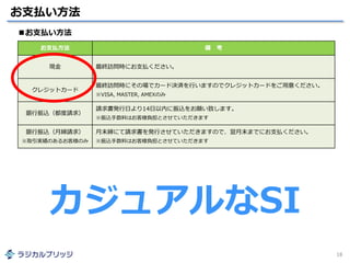 お支払い方法
18
お支払い方法
お支払方法 備 考
現金 最終訪問時にお支払ください。
クレジットカード
最終訪問時にその場でカード決済を行いますのでクレジットカードをご用意ください。
※VISA, MASTER, AMEXのみ
銀行振込（都度請求）
請求書発行日より14日以内に振込をお願い致します。
※振込手数料はお客様負担とさせていただきます
銀行振込（月締請求）
※取引実績のあるお客様のみ
月末締にて請求書を発行させていただきますので、翌月末までにお支払ください。
※振込手数料はお客様負担とさせていただきます
カジュアルなSI
 