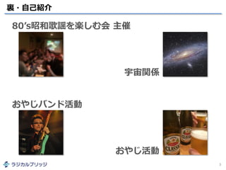 裏・自己紹介
3
80’s昭和歌謡を楽しむ会 主催
おやじバンド活動
おやじ活動
宇宙関係
 