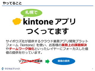 やってること
4
つくってます
アプリ
サイボウズ社が提供するクラウド業務アプリ開発プラット
フォーム『kintone』を使い、お客様の業務上の課題解決
やチームワーク強化といったレイヤーにフォーカスした価
値の提供を行っています。
ソフトウェアの提供 価値の提供
札幌で
 