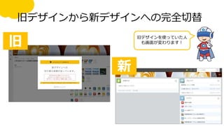 旧デザインから新デザインへの完全切替
旧
新
旧デザインを使っていた人
も画面が変わります！
 