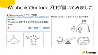 Webhookでkintoneブログ書いてみました
http://kintone-blog.cybozu.co.jp/developer/000283.html
▼「kintone Webhook 子ども」で検索
▼WebhookイメージをボールペンとGIFで表現
 