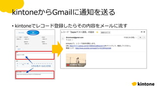 kintoneからGmailに通知を送る
• kintoneでレコード登録したらその内容をメールに流す
 