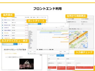フロントエンド利用
条件書式
ガントチャート
住所から地図表示
入力値チェック
カスタマイズビュー表示
 
