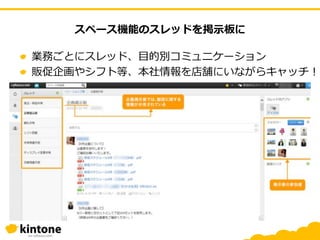 スペース機能のスレッドを掲示板に
業務ごとにスレッド、目的別コミュニケーション
販促企画やシフト等、本社情報を店舗にいながらキャッチ！.
 