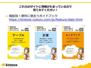 これらのサイトに情報がたまっているので
見てみてください！
機能別！便利に使おうガイドブック
https://kintone.cybozu.com/jp/feature/date.html
 