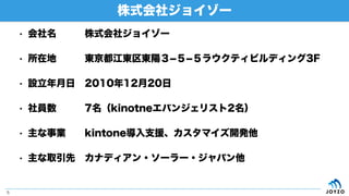 • 会社名   株式会社ジョイゾー
• 所在地   東京都江東区東陽３­５­５ラウクティビルディング3F
• 設立年月日 2010年12月20日
• 社員数   7名（kinotneエバンジェリスト2名）
• 主な事業  kintone導入支援、カスタマイズ開発他
• 主な取引先 カナディアン・ソーラー・ジャパン他
株式会社ジョイゾー
5
 