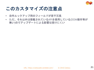 URL: https://cybozudev.zendesk.com/ © 2016 Cybozu
• 自作ルックアップ用のフィールドが若干冗長
• ただ、それ以外は搭載されているAPIを使用している(DOM操作等が
無い)のでアップデートによる影響は受けにくい
21
このカスタマイズの注意点
 