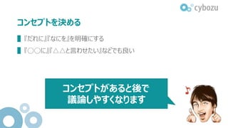 コンセプトを決める
▌『だれに』『なにを』を明確にする
▌『◯◯に』『△△と言わせたい』などでも良い
コンセプトがあると後で
議論しやすくなります
 