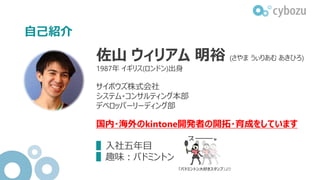 自己紹介
佐山 ウィリアム 明裕 (さやま うぃりあむ あきひろ)
1987年 イギリス(ロンドン)出身
サイボウズ株式会社
システム・コンサルティング本部
デベロッパーリーディング部
国内・海外のkintone開発者の開拓・育成をしています
▌入社五年目
▌趣味：バドミントン
「バドミントン大好きスタンプ」より
 