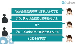 私が会話を先導すれば良いんですね
いや、我々は会話には参加しないよ
えっ
グループの中だけで会話させるんです
(なにそれ不安)
 