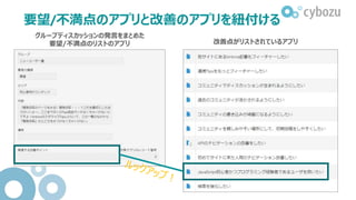 要望/不満点のアプリと改善のアプリを紐付ける
グループディスカッションの発言をまとめた
要望/不満点のリストのアプリ 改善点がリストされているアプリ
 