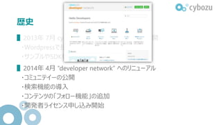 歴史
▌2013年 7月 cybozu.com “API Document” の公開
・Wordpressで技術ドキュメントを公開
・サンプルやSDKも公開
▌2014年 4月 “developer network” へのリニューアル
・コミュニテイーの公開
・検索機能の導入
・コンテンツの「フォロー機能」の追加
・開発者ライセンス申し込み開始
 