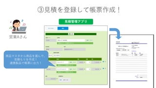 ③見積を登録して帳票作成！
営業Aさん
商品マスタから商品を選んで、
見積もりを作成！
連携製品で帳票に出力！
見積管理アプリ
 