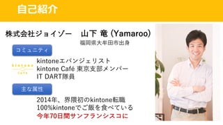 ⾃⼰紹介
株式会社ジョイゾー 山下 竜 (Yamaroo)
kintoneエバンジェリスト
kintone Café 東京⽀部メンバー
IT DART隊員
2014年、界隈初のkintone転職
100%kintoneでご飯を⾷べている
今年70日間サンフランシスコに
福岡県⼤牟⽥市出⾝
コミュニティ
主な属性
 