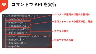 コマンドで API を実⾏
⽇付フォーマットや通貨単位、時差
アプリや項⽬
レコメンド適⽤が対話式か強制か
対象アプリの所在
 