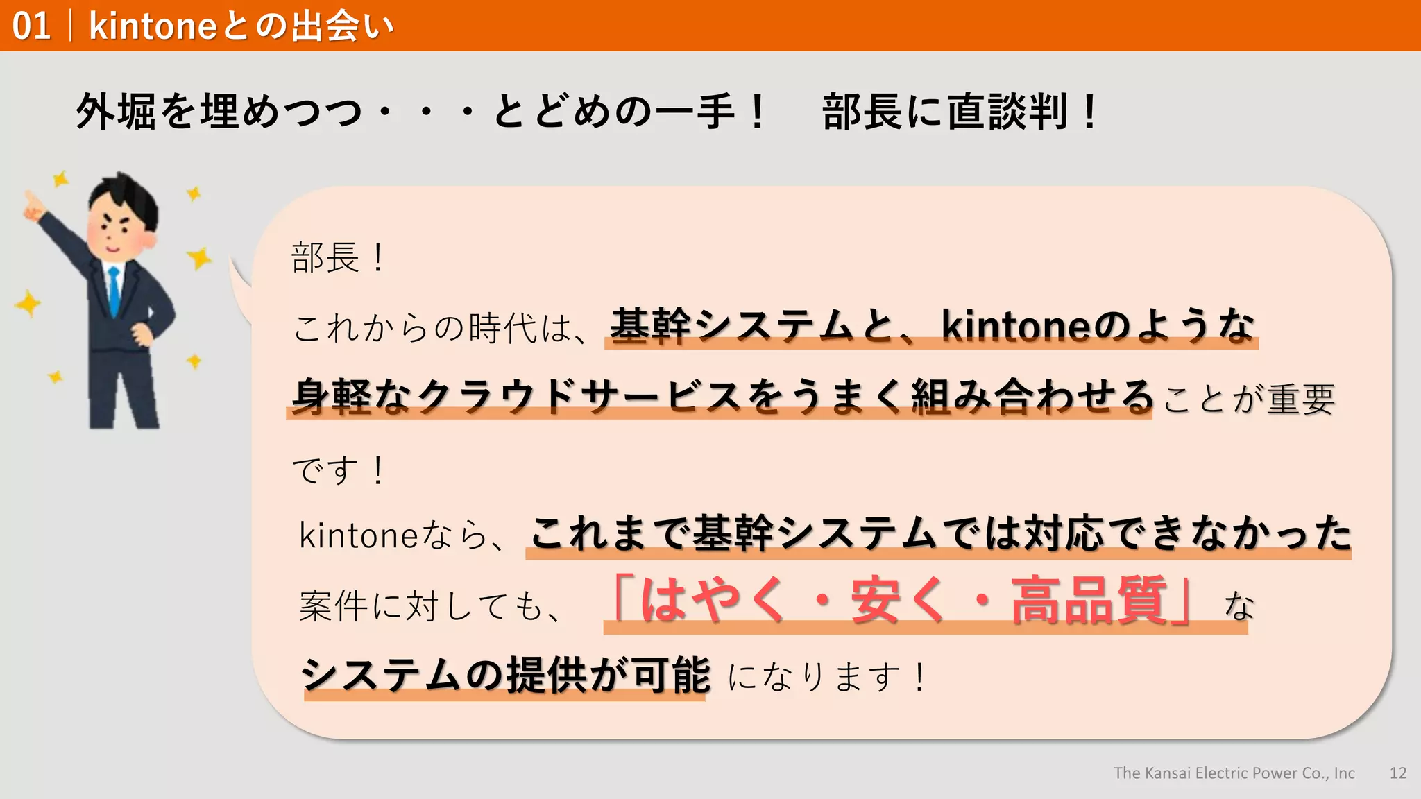 The Kansai Electric Power Co., Inc 12
外堀を埋めつつ・・・とどめの一手！ 部長に直談判！
部長！
これからの時代は、基幹システムと、kintoneのような
身軽なクラウドサービスをうまく組み合わせることが重要
です！
01｜kintoneとの出会い
kintoneなら、これまで基幹システムでは対応できなかった
案件に対しても、「はやく・安く・高品質」な
システムの提供が可能 になります！
 