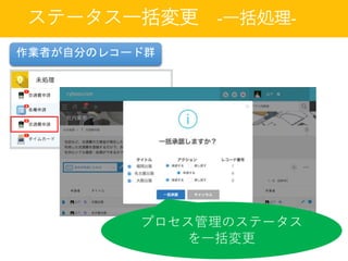 ステータス一括変更 -一括処理-
作業者が自分のレコード群
プロセス管理のステータス
を一括変更
 
