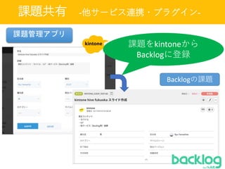 課題共有 -他サービス連携・プラグイン-
Backlogの課題
課題をkintoneから
Backlogに登録
課題管理アプリ
 