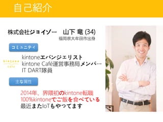 自己紹介
株式会社ジョイゾー 山下 竜 (34)
kintoneエバンジェリスト
kintone Café運営事務局メンバー
IT DART隊員
2014年、界隈初のkintone転職
100%kintoneでご飯を食べている
最近またIoTもやってます
福岡県大牟田市出身
コミュニティ
主な属性
 