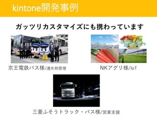 kintone開発事例
京王電鉄バス様/遺失物管理 NKアグリ様/IoT
三菱ふそうトラック・バス様/営業支援
ガッツリカスタマイズにも携わっています
 