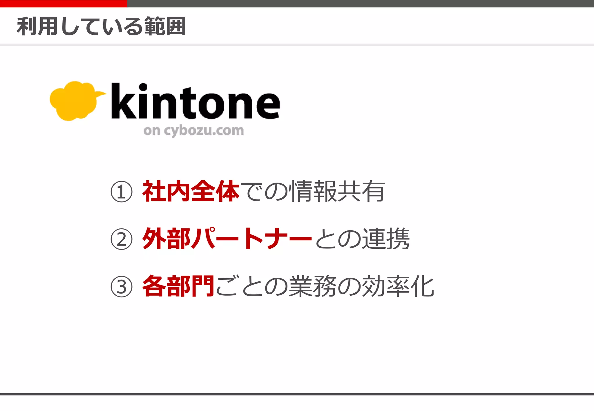 利用している範囲
① 社内全体での情報共有
② 外部パートナーとの連携
③ 各部門ごとの業務の効率化
 