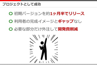プロジェクトとして成功
〇 初期バージョンを約1ヶ月半でリリース
〇 利用者の完成イメージとギャップなし
〇 必要な部分だけ外注して開発費削減
 