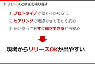 ③ リリースと修正を繰り返す
① プロトタイプで見てるから安心
② ヒアリングで確認できてるから安心
③ 何かあってもすぐ修正できるから安心
現場からリリースOKが出やすい
 