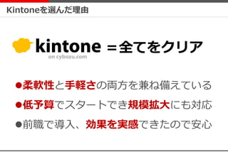 Kintoneを選んだ理由
柔軟性と手軽さの両方を兼ね備えている
低予算でスタートでき規模拡大にも対応
前職で導入、効果を実感できたので安心
＝全てをクリア
 