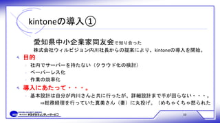 kintoneの導入①
10
‫ﻪ‬ 目的
‫ﻩ‬ 社内でサーバーを持たない（クラウド化の検討）
‫ﻩ‬ ペーパーレス化
‫ﻩ‬ 作業の効率化
‫ﻪ‬ 導入にあたって・・・。
‫ﻩ‬ 基本設計は自分が内川さんと共に行ったが、詳細設計まで手が回らない・・・。
⇒総務経理を行っていた真美さん（妻）に丸投げ。（めちゃくちゃ怒られた
愛知県中小企業家同友会で知り合った
株式会社ウィルビジョン内川社長からの提案により、kintoneの導入を開始。
 