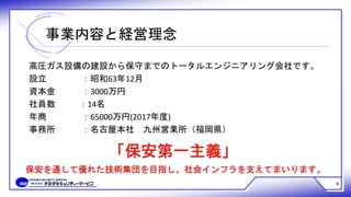 4
事業内容と経営理念
高圧ガス設備の建設から保守までのトータルエンジニアリング会社です。
設立 ：昭和63年12月
資本金 ：3000万円
社員数 ：14名
年商 ：65000万円(2017年度)
事務所 ：名古屋本社 九州営業所（福岡県）
「保安第一主義」
保安を通して優れた技術集団を目指し、社会インフラを支えてまいります。
 