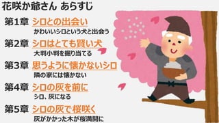 花咲か爺さん あらすじ
第1章 シロとの出会い
第2章 シロはとても賢い犬
第3章 思うように懐かないシロ
第4章 シロの灰を前に
第5章 シロの灰で桜咲く
かわいいシロという犬と出会う
大判小判を掘り当てる
隣の家には懐かない
シロ、灰になる
灰がかかった木が桜満開に
 