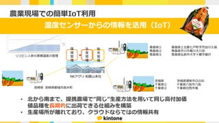 農業現場での簡単IoT利⽤
温度センサーからの情報を活⽤（IoT）
NKアグリ 和歌⼭本社
⻘森県① ⻘森県上北郡七⼾町字笊⽥川久保
⻘森県② ⻘森県平川市葛川⼤川添
⻘森県③ ⻘森県弘前市⼤字⼗腰字猿沢
茨城県 茨城県潮来市⽇の出
千葉県① 千葉県⼋街市⼋街
千葉県② 千葉県印⻄市滝宮崎県 宮崎県都城市⾼⽊町
リコピン⼈参の累積温度の管理
⽣
産
管
理
販
売
管
理
環
境
管
理
＋
• 北から南まで、提携農場で“同じ”⽣産⽅法を⽤いて同じ⾼付加価
値品種を⻑期的に出荷できる仕組みを構築
• ⽣産場所が離れており、クラウドならではの情報共有
 