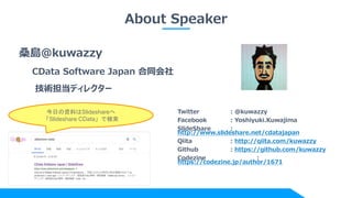 About Speaker
ɣu@kuwazzy
CData Software Japan ͬ
gǥ쥯`
Twitter : @kuwazzy
Facebook : Yoshiyuki.Kuwajima
ݺߣShare :
http://www.slideshare.net/cdatajapan
Qiita : http://qiita.com/kuwazzy
Github : https://github.com/kuwazzy
Codezine :
https://codezine.jp/author/1671
դYϤϺݺߣshare
ݺߣshare CDataǗ
 