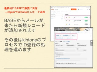 BASEからメールが
来たら新規レコード
が追加されます
その後はkintoneのプ
ロセスでID登録の処
理を進めます
最終的にBASEで販売に決定
→zapierでkintoneにレコード追加
 