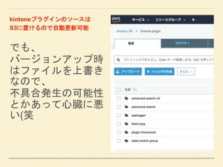 でも、
バージョンアップ時
はファイルを上書き
なので、
不具合発生の可能性
とかあって心臓に悪
い(笑
kintoneプラグインのソースは
S3に置けるので自動更新可能
 