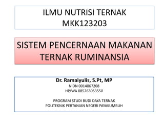 ILMU NUTRISI TERNAK
MKK123203
Dr. Ramaiyulis, S.Pt, MP
NIDN 0014067208
HP/WA 085263053550
PROGRAM STUDI BUDI DAYA TERNAK
POLITEKNIK PERTANIAN NEGERI PAYAKUMBUH
SISTEM PENCERNAAN MAKANAN
TERNAK RUMINANSIA
 