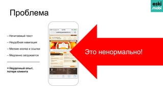 Проблема
– Нечитаемый текст
– Неудобная навигация
– Мелкие кнопки и ссылки
– Медленно загружается
————————————
= Неудачный опыт,
потеря клиента
Это ненормально!
 