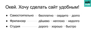 ❏ бесплатно + сердито + долго
❏ дёшево + неплохо + недолго
❏ дорого + хорошо + быстро
Окей. Хочу сделать сайт удобным!
● Самостоятельно
● Фрилансер
● Студия
 