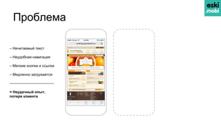 Проблема
– Нечитаемый текст
– Неудобная навигация
– Мелкие кнопки и ссылки
– Медленно загружается
————————————
= Неудачный опыт,
потеря клиента
 