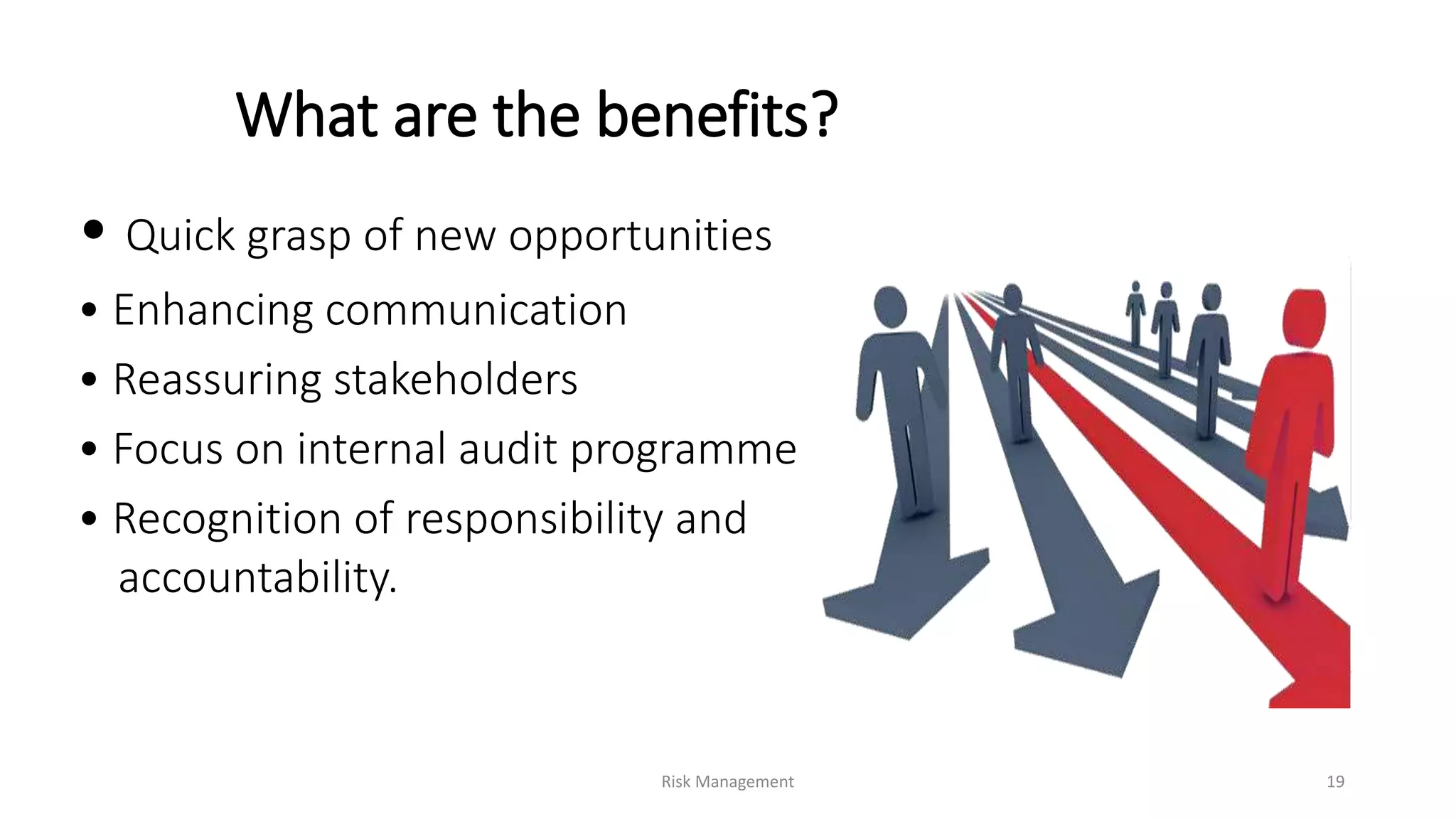 What are the benefits?
• Quick grasp of new opportunities
• Enhancing communication
• Reassuring stakeholders
• Focus on internal audit programme
• Recognition of responsibility and
accountability.
Risk Management 19
 