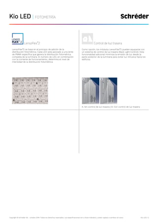 Copyright © Schréder SA - octubre 2019. Todos los derechos reservados. Las especificaciones son a título indicativo y están sujetas a cambios sin aviso. Kio LED | 3
Kio LED | FOTOMETRÍA
LensoFlex®
2
LensoFlex®
2 se basa en el principio de adición de la
distribución fotométrica. Cada LED está asociado a una lente
de PMMA específica que genera la distribución fotométrica
completa de la luminaria. El número de LED, en combinación
con la corriente de funcionamiento, determina el nivel de
intensidad de la distribución fotométrica.
Control de luz trasera
Como opción, los módulos LensoFlex®
2 pueden equiparse con
un sistema de control de luz trasera (Back Light Control). Esta
funcionalidad adicional minimiza la emisión de luz desde la
parte posterior de la luminaria para evitar luz intrusiva hacia los
edificios.
A. Sin control de luz trasera | B. Con control de luz trasera
 